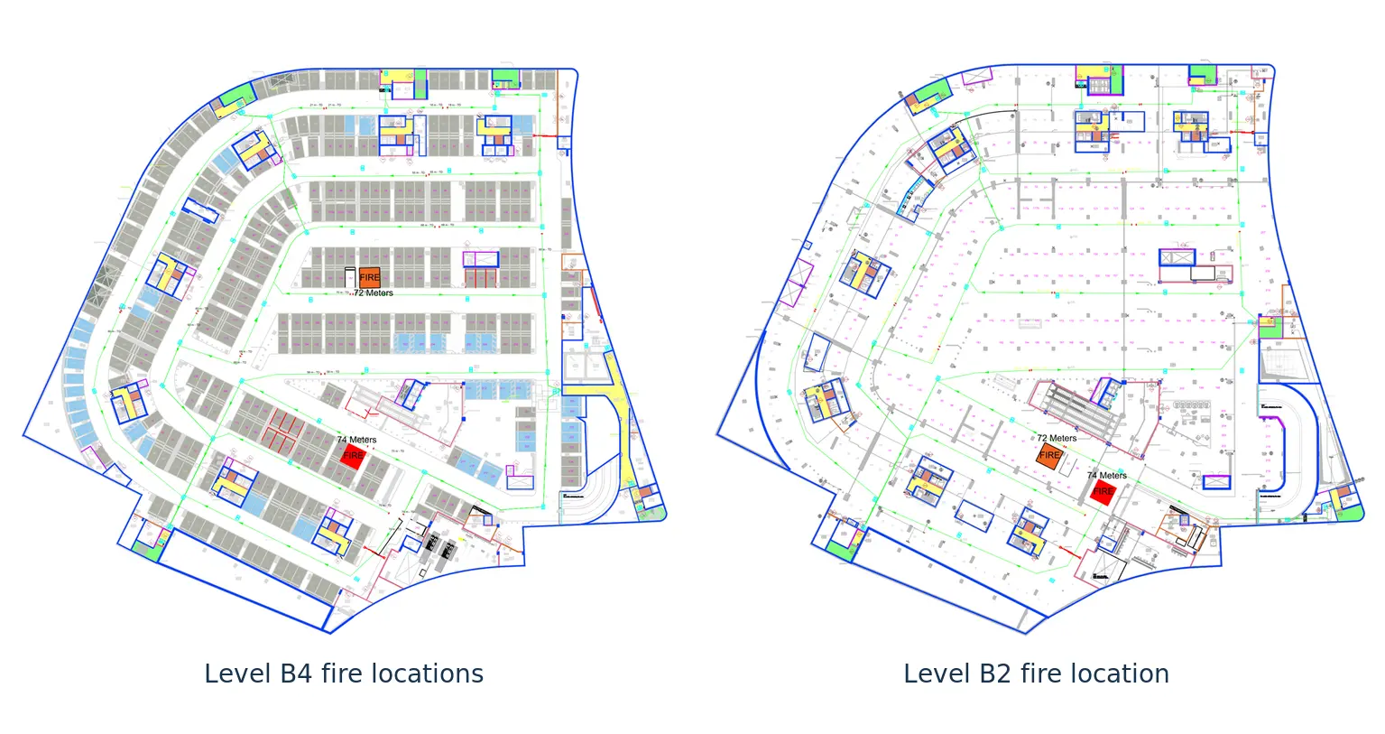 Plan drawings showing the selected vehicle-fire locations and escape paths on Levels B4 and B2