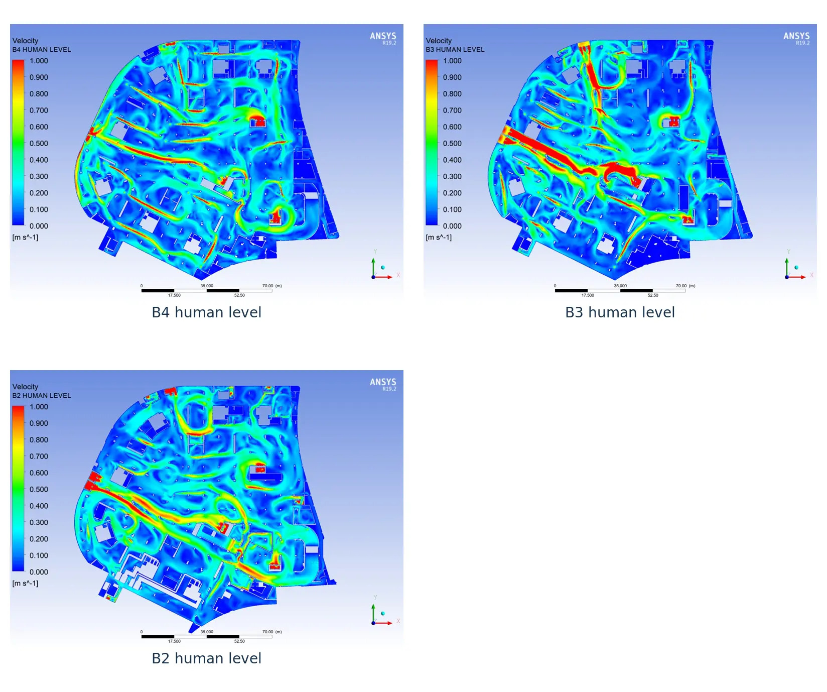 Human-height velocity contours on Levels B4, B3, and B2 shown on a common zero to one metre per second scale