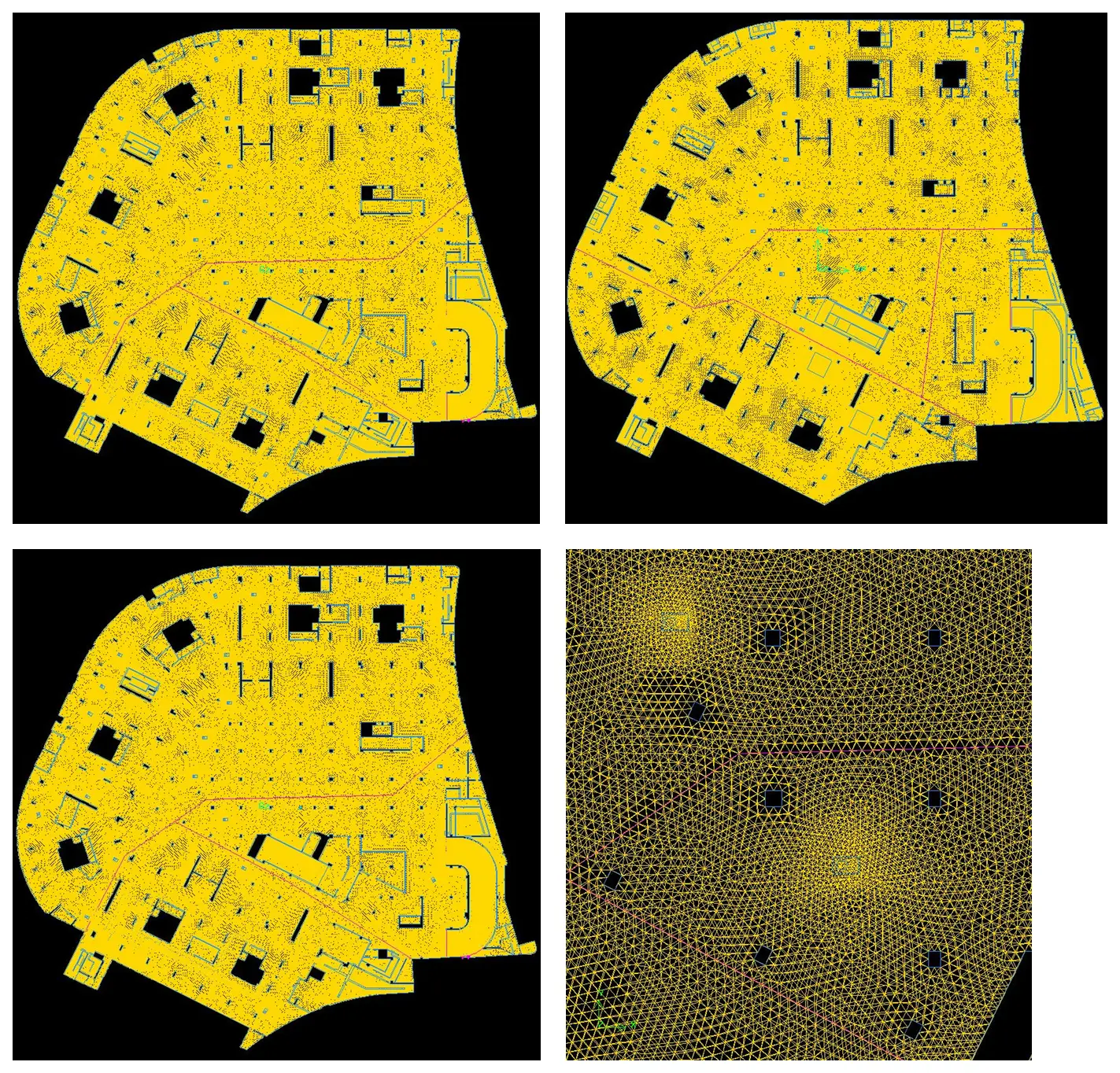 CFD meshes for the three underground car park levels and a close view of local mesh refinement