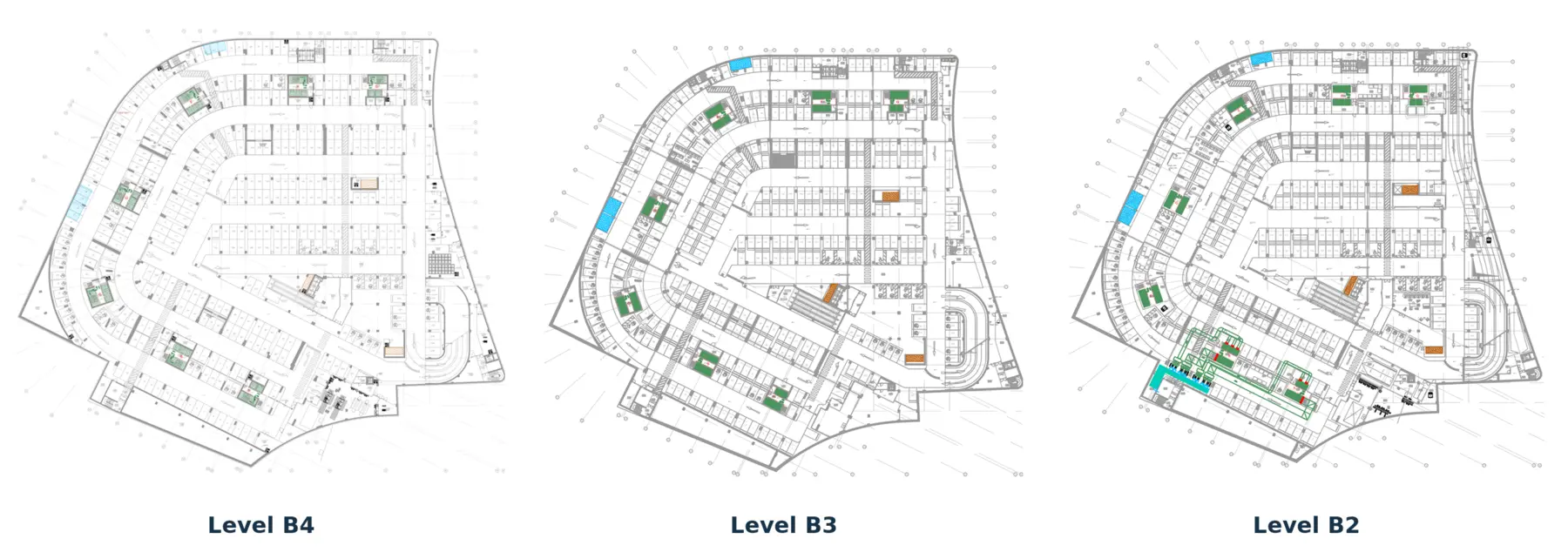 Smoke-control, extraction, and pressurization layouts for Levels B4, B3, and B2