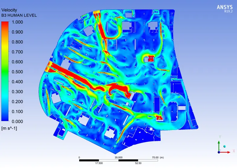 ANSYS Fluent velocity contour at human height on Level B3 of an underground car park