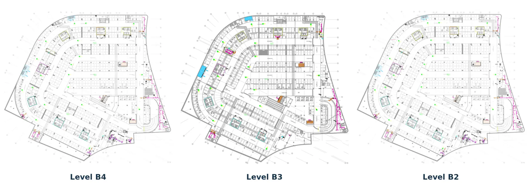 Ventilation layouts for underground car park Levels B4, B3, and B2