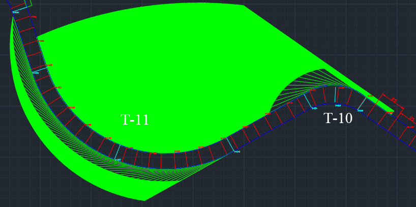 AutoCAD runoff envelopes through Turns 10 and 11, showing overlapping departure vectors