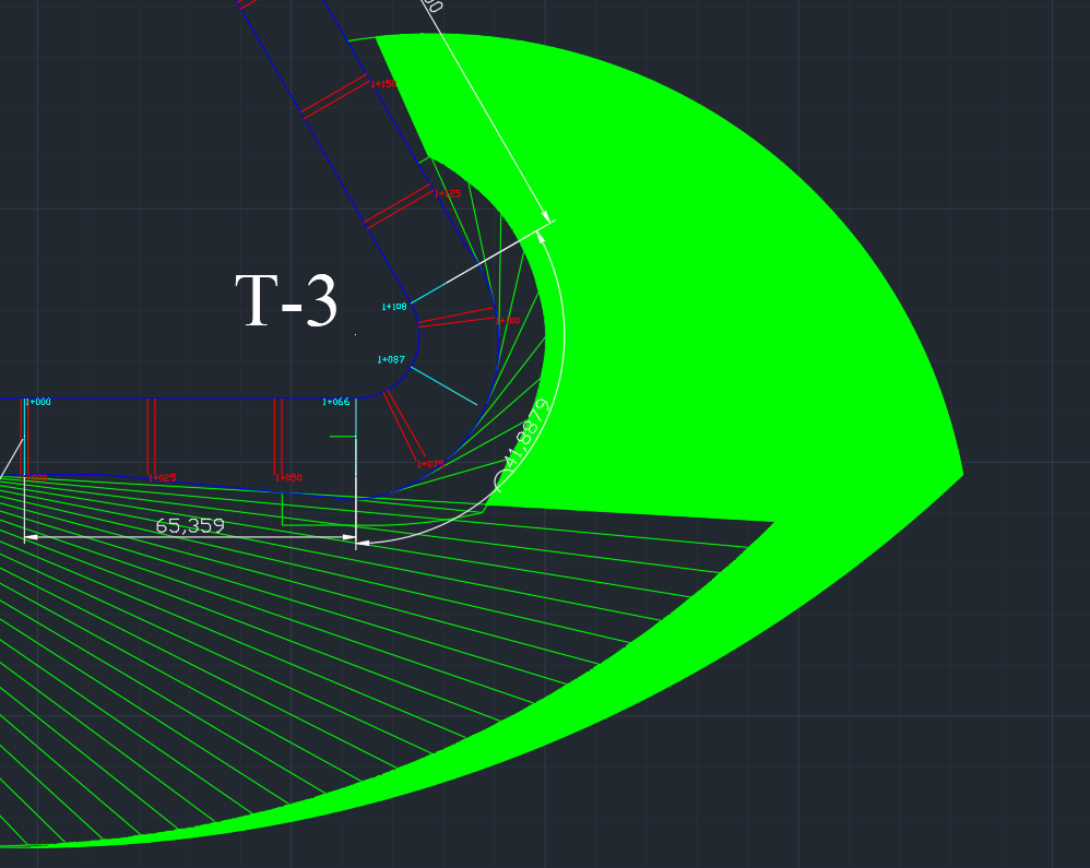 AutoCAD runoff envelope at Turn 3, with departure vectors expanding into a large green safety area