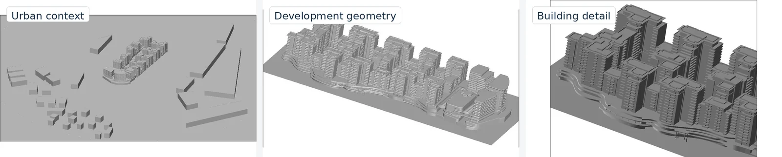 Three views showing the surrounding urban context, full development geometry, and detailed building model