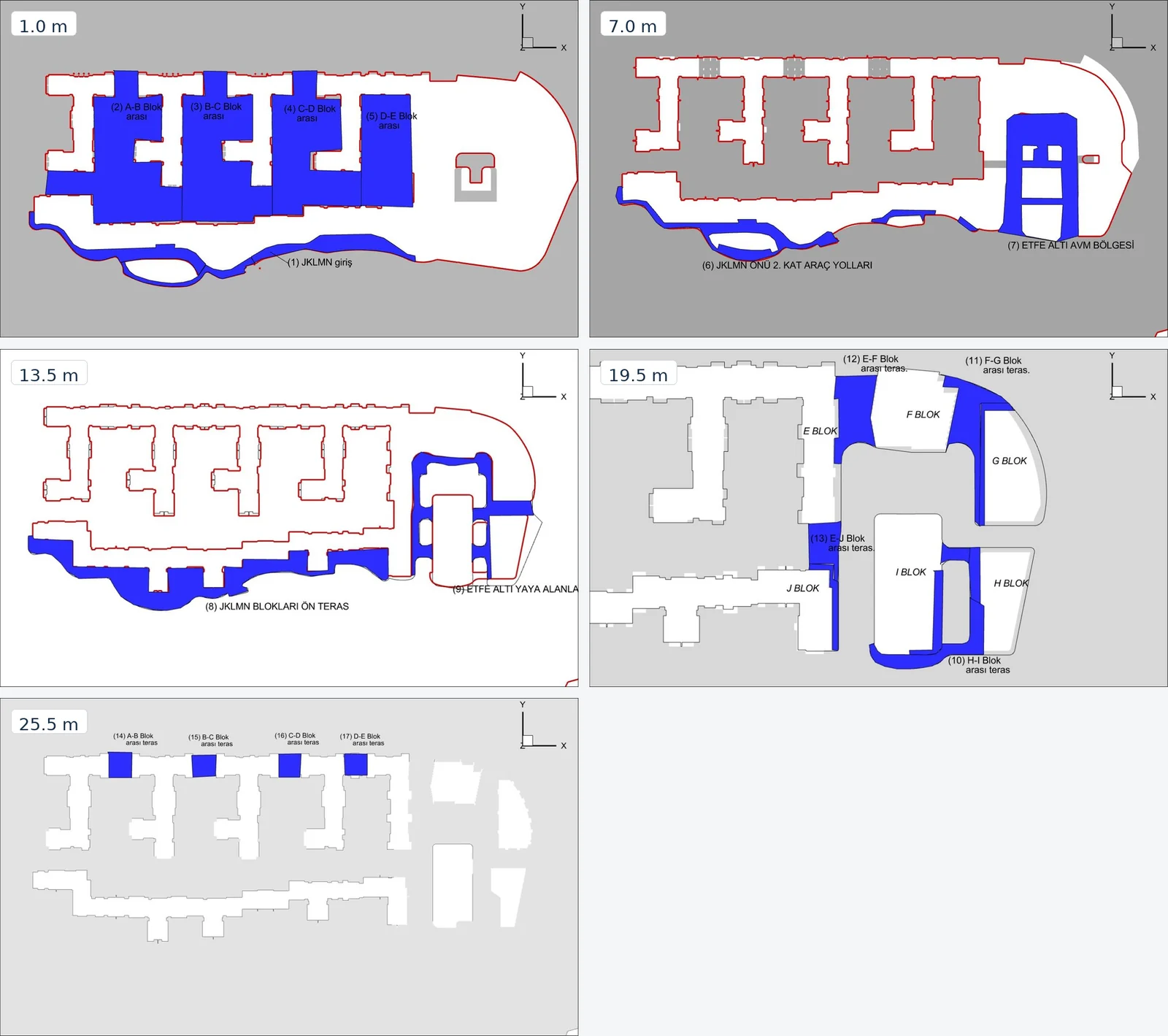 Plans showing 17 pedestrian comfort zones evaluated at five heights across the development