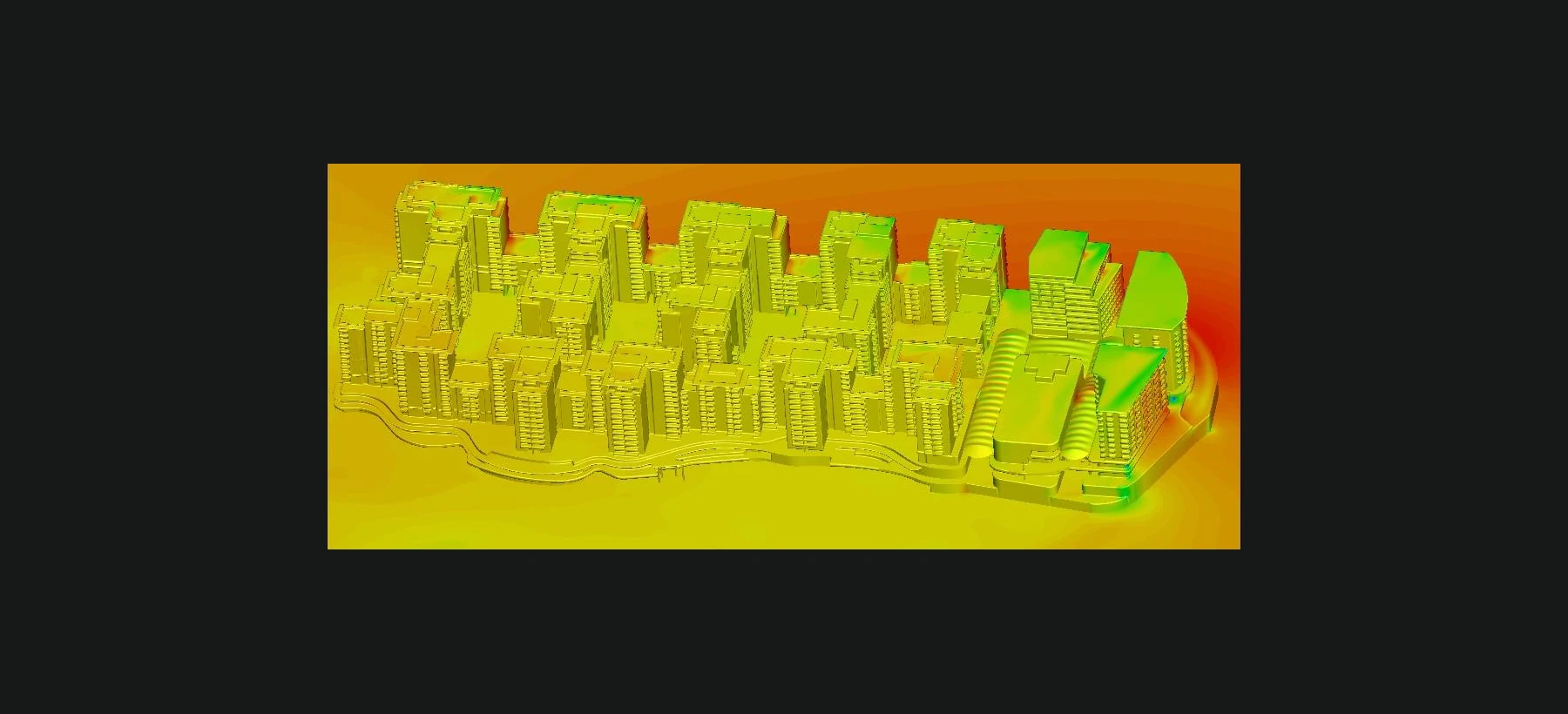 Three-dimensional CFD overview of an anonymized urban development under wind loading