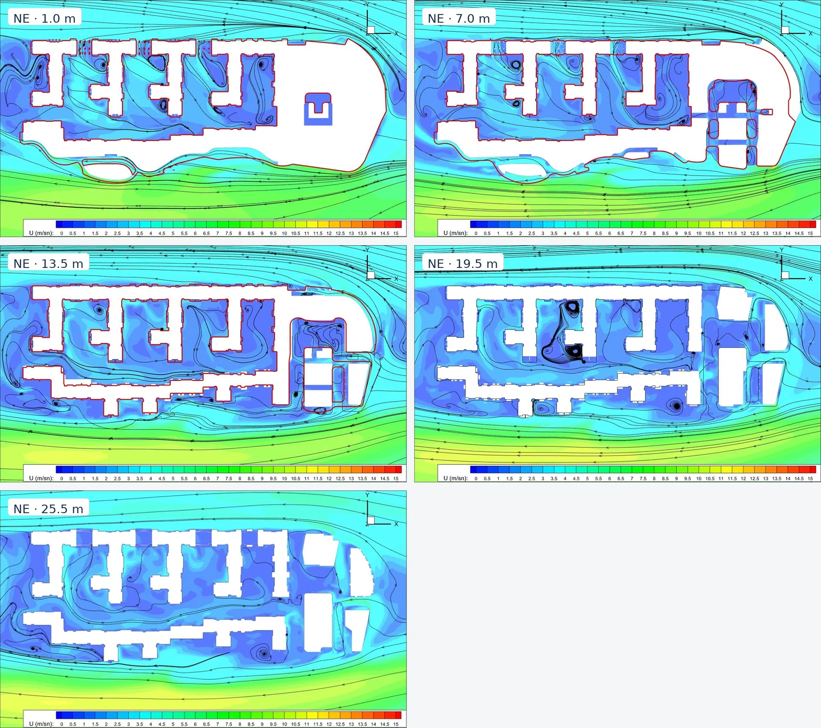 Northeast-wind CFD velocity fields at five elevations