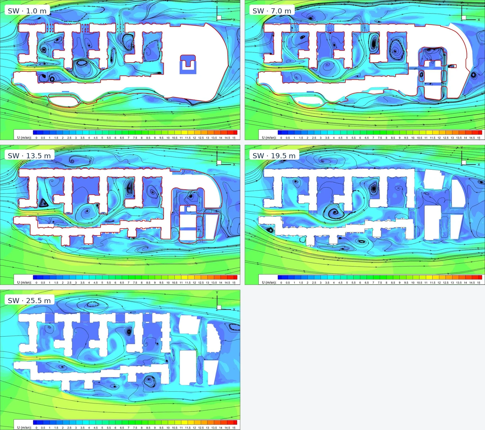Southwest-wind CFD velocity fields at five elevations