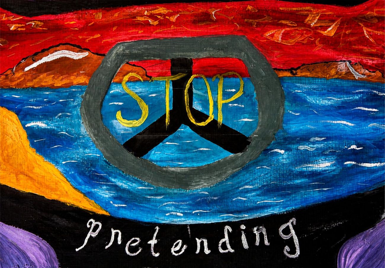Painting: a gray stop sign over a red sunset and blue sea, with the word pretending written along the bottom