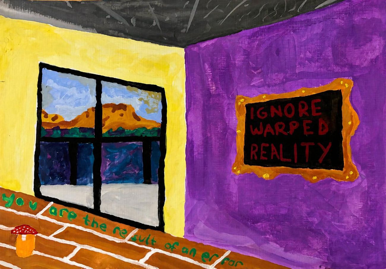 Painting: a yellow and purple room with a window and a framed sign reading ignore warped reality