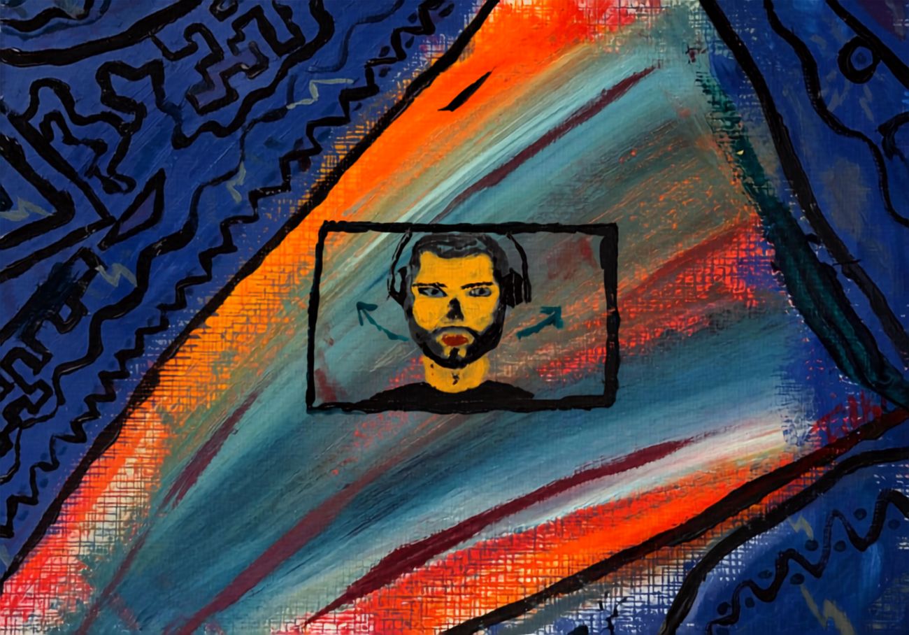 Painting: a diagonal blue composition with a small framed face wearing headphones inside it