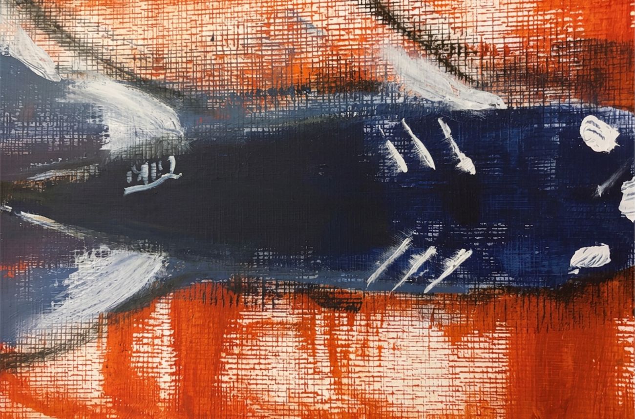 Painting: an abstract orange, black and blue fish form with white brush strokes