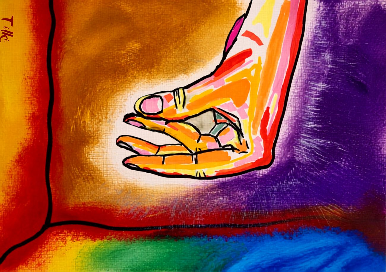 Painting: a purple, orange, blue and green background with a single colorful hand reaching down, signed Tilki