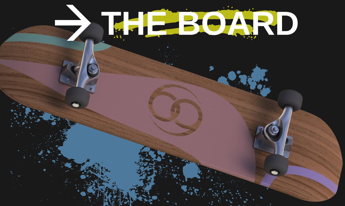 Custom skateboard deck and trucks, rendered in pastel tones