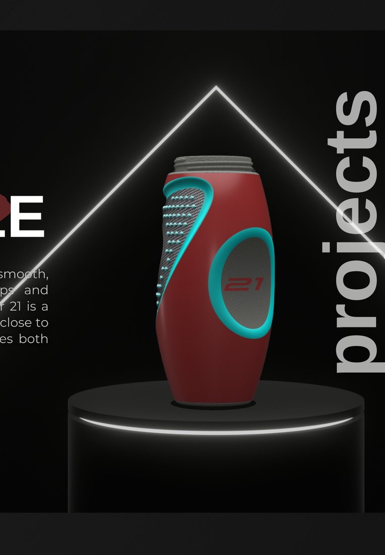 Sculptural water bottle design with cyan diamond-pattern grips