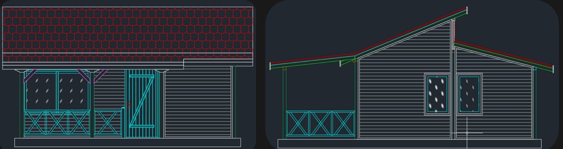 AutoCAD elevation drawings of a wooden bungalow